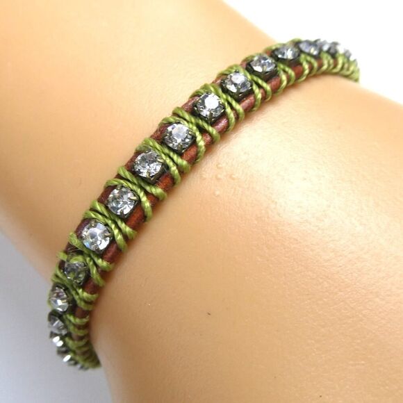 Fossil Woven Cord Toggle Bracelet Rhinestone Sparkly Green Brown Jeweled 7+" - Picture 1 of 5